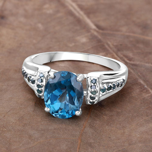 2.72 Carat London Blue Topaz & Blue Diamond Sterling Silver Ring