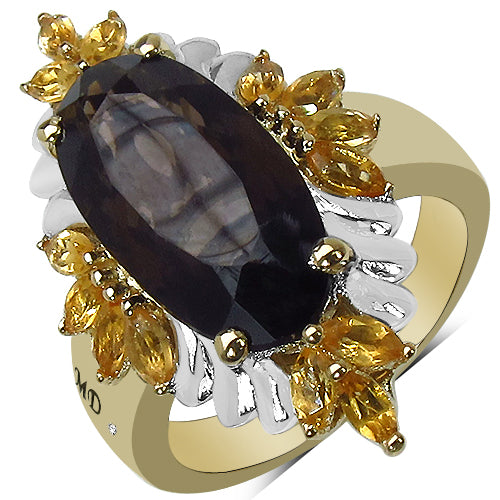 Anillo de cóctel de cuarzo ahumado y citrino chapado en oro amarillo de 14K