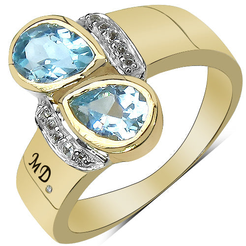 Bague Bypass en Or Jaune 14K Plaqué avec Topaze Bleue et Diamant