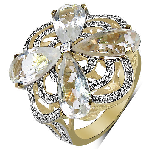 14K Yellow Gold Plated Crystal Quartz & Diamond Ring