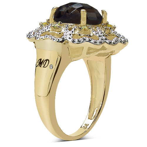 Anillo de cóctel de cuarzo ahumado y diamante chapado en oro amarillo de 14K