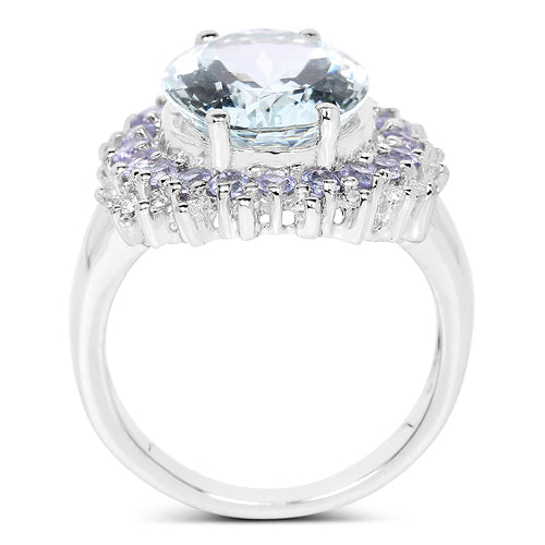 5.30 Carat Aquamarine, Tanzanite & White Topaz Sterling Silver Ring