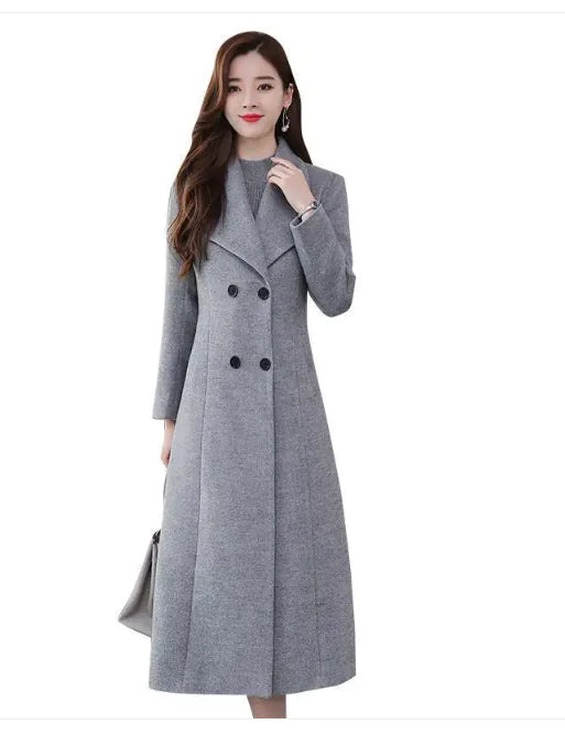 Women's Over-the-Knee Woolen Coat with Lapel