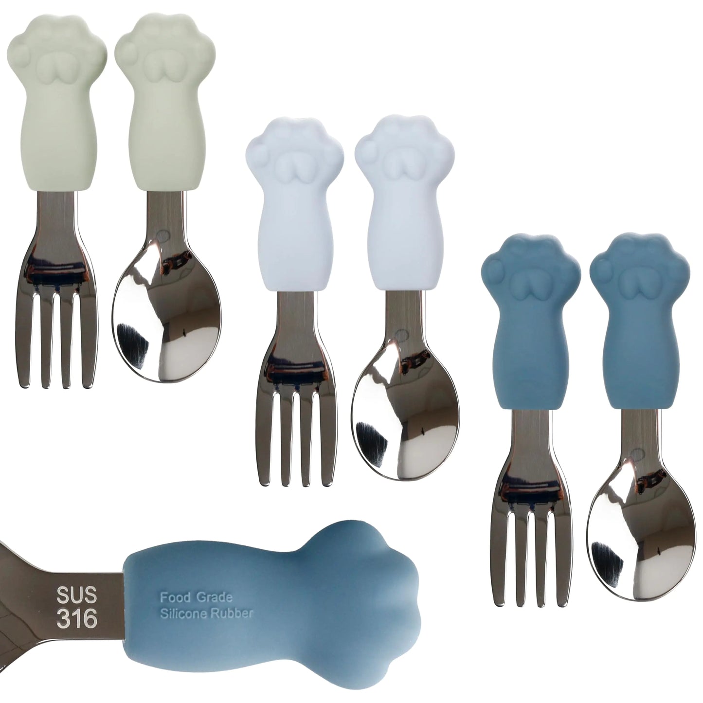 Ensemble de couverts pour tout-petits en 6 pièces avec poignées en silicone - Design patte de chat