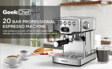 Máquina de Espresso Geek Chef de 20 Bares con Espumador de Leche - Acero Inoxidable