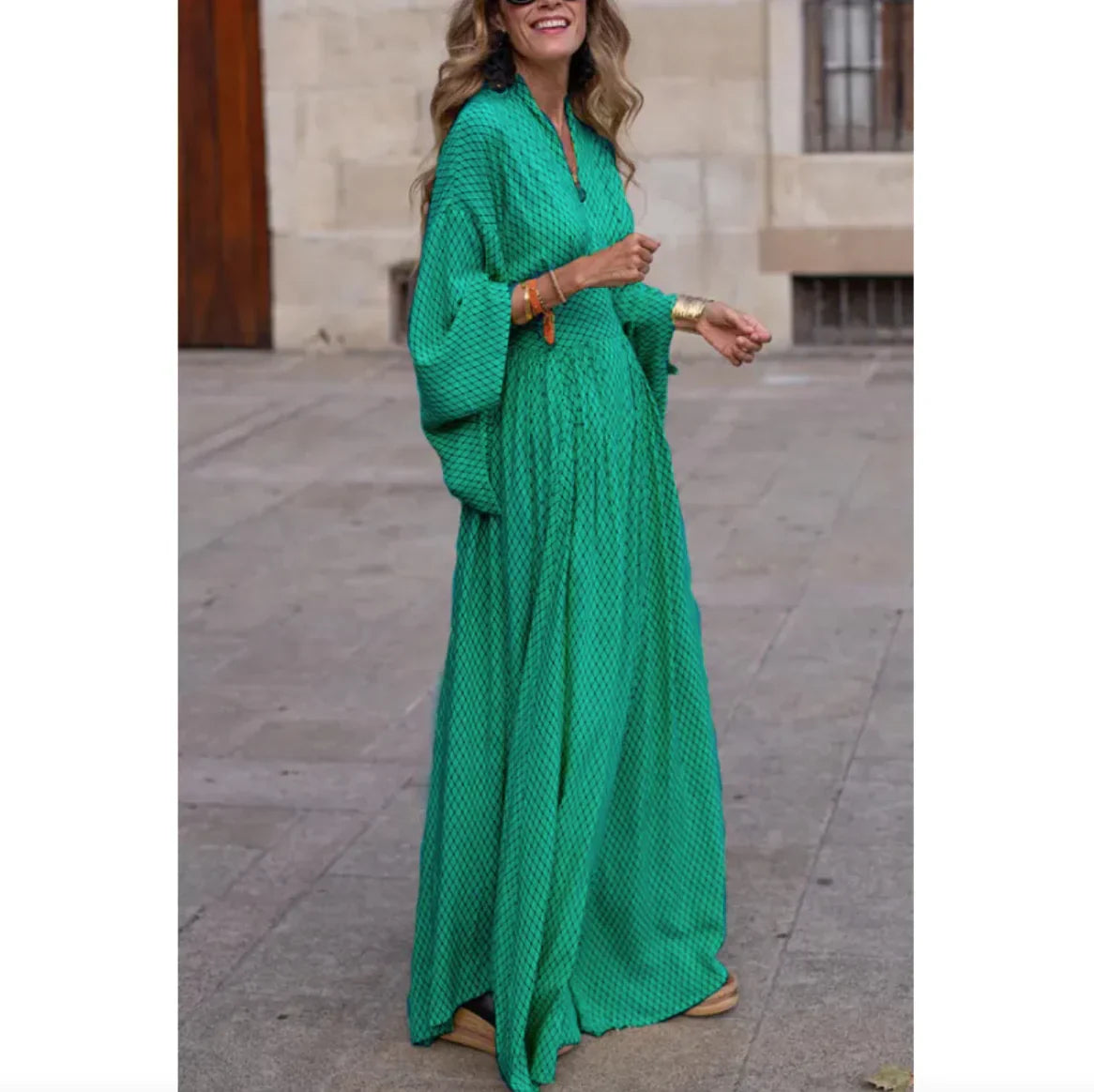 Robe maxi à manches chauve-souris et décolleté en V pour femmes