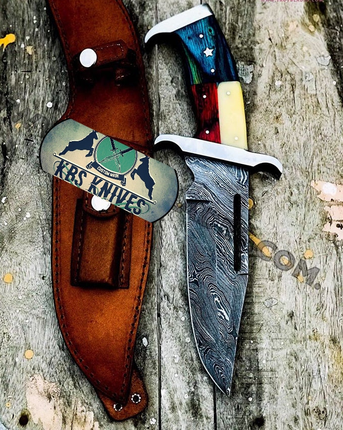 Texan Rambo Bowie Knife - Exquisite Handmade Damascus with Unique Wood & Bone Handle - Korvel