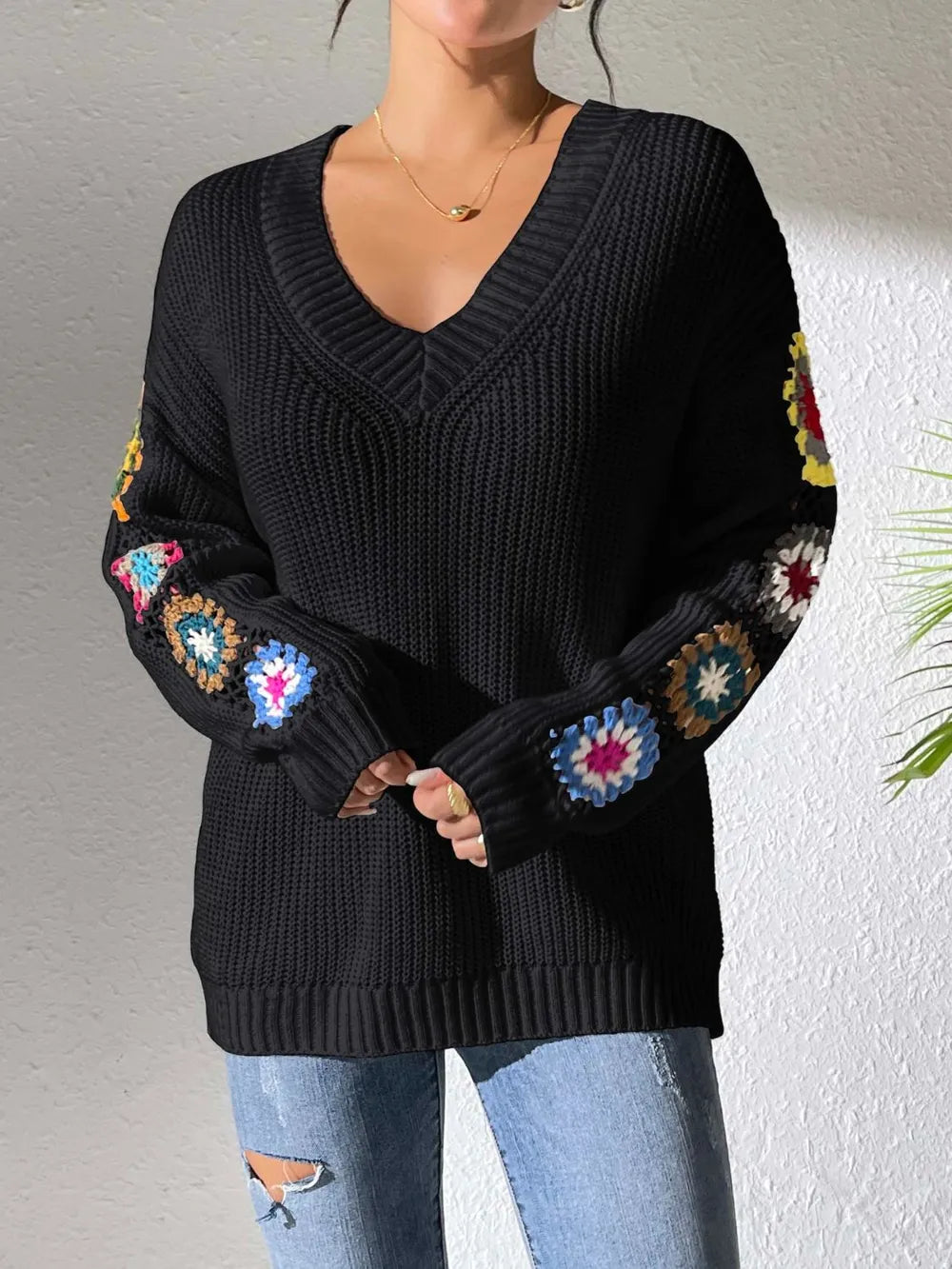 Suéter de V-Neck con Flores de Gancho a Mano en Color Mezclado