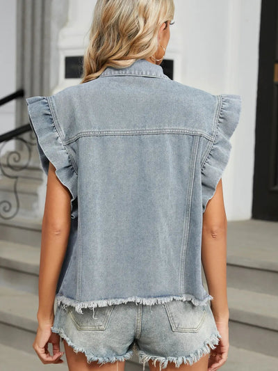 Raw Hem Cap Sleeve Denim Jacket - Korvel