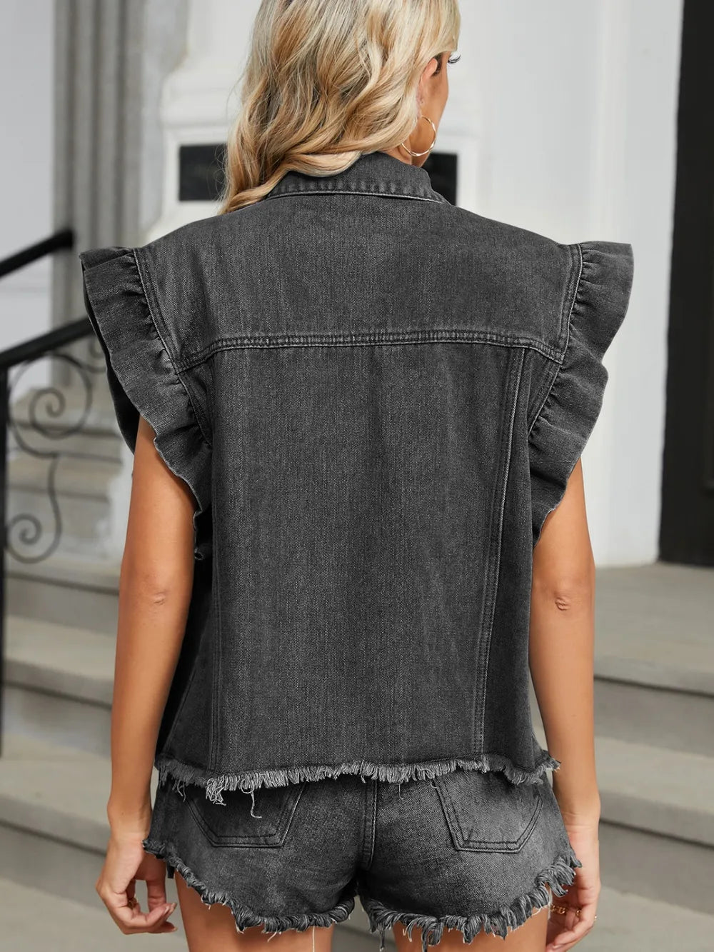 Raw Hem Cap Sleeve Denim Jacket - Korvel