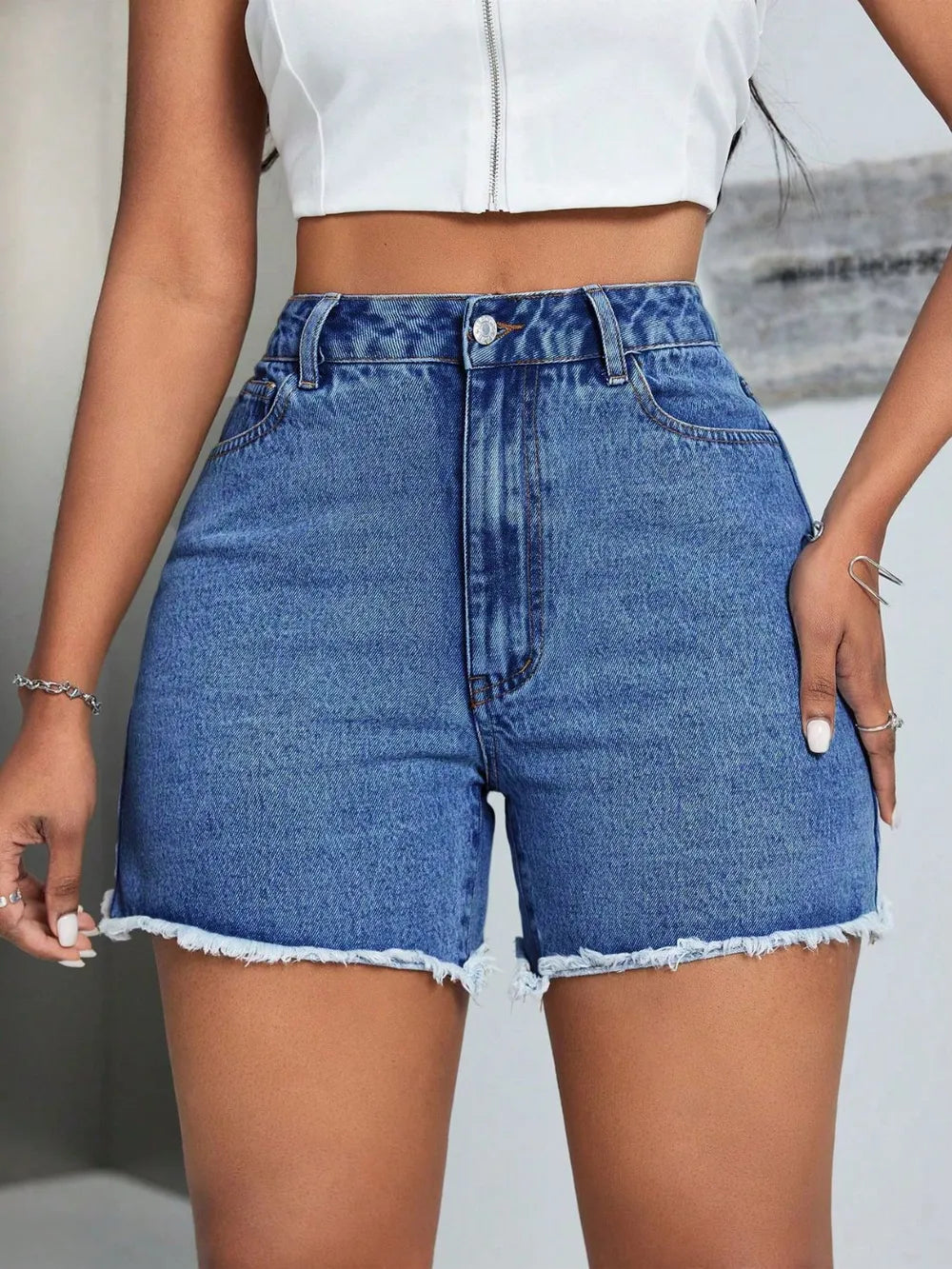 Raw Hem High Waist Denim Shorts - Korvel