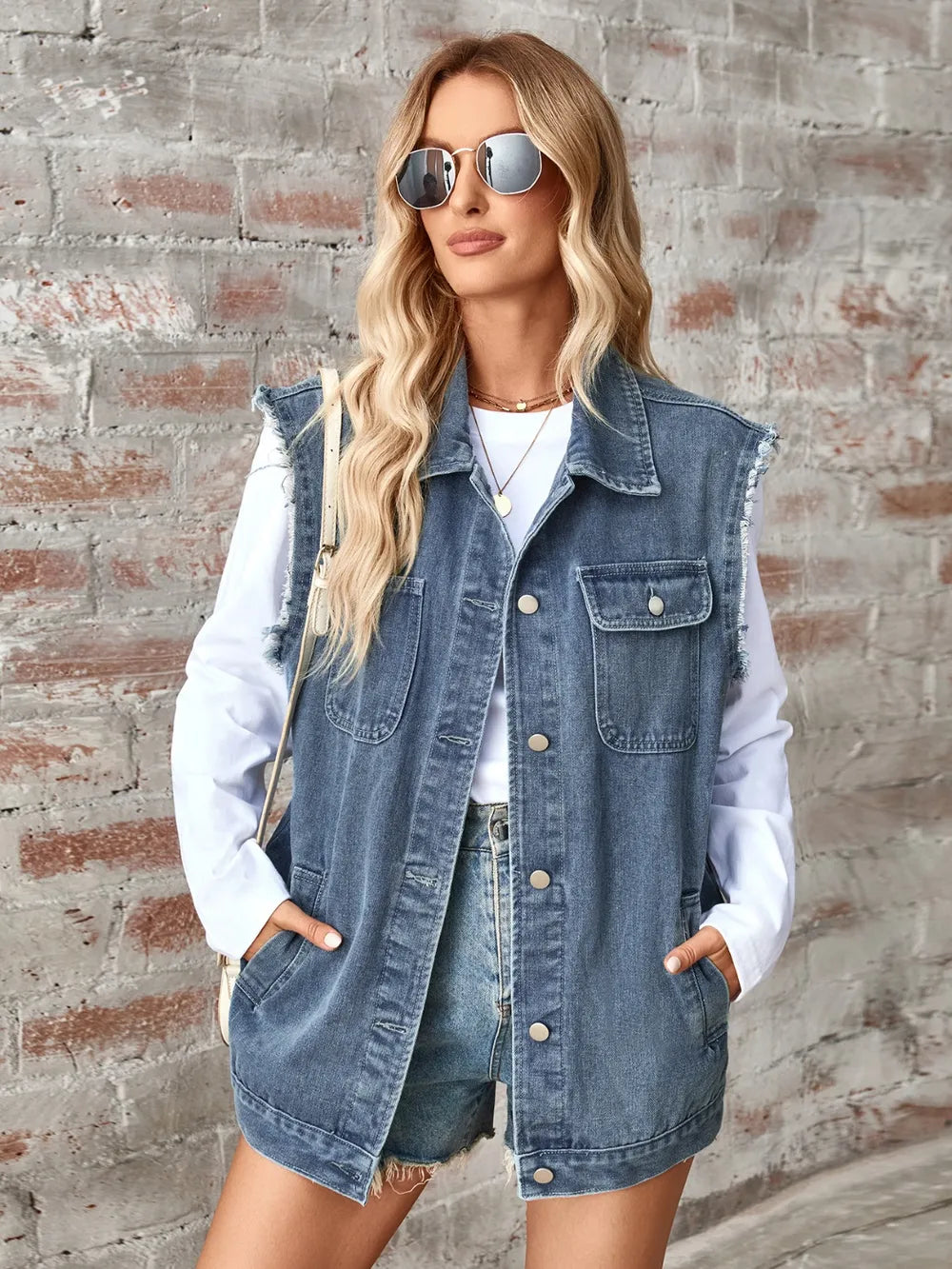 Raw Hem Sleeveless Button Up Denim Jacket - Korvel
