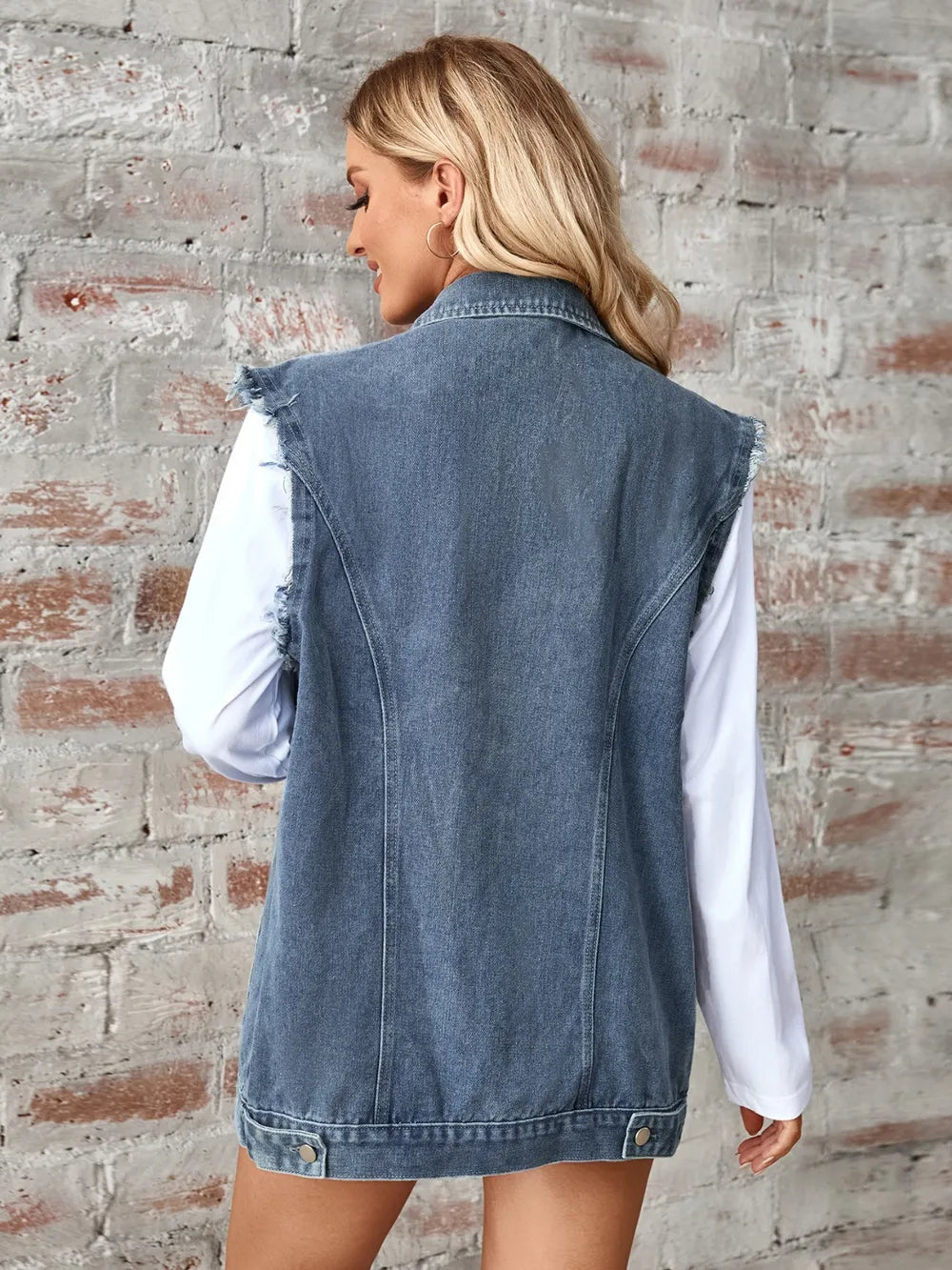 Raw Hem Sleeveless Button Up Denim Jacket - Korvel