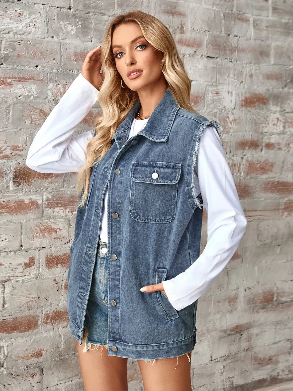Raw Hem Sleeveless Button Up Denim Jacket - Korvel