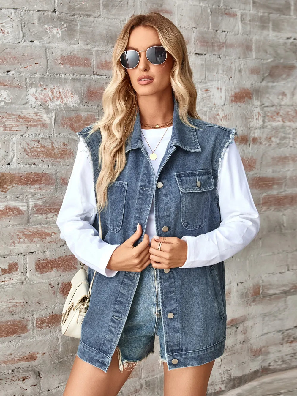 Raw Hem Sleeveless Button Up Denim Jacket - Korvel