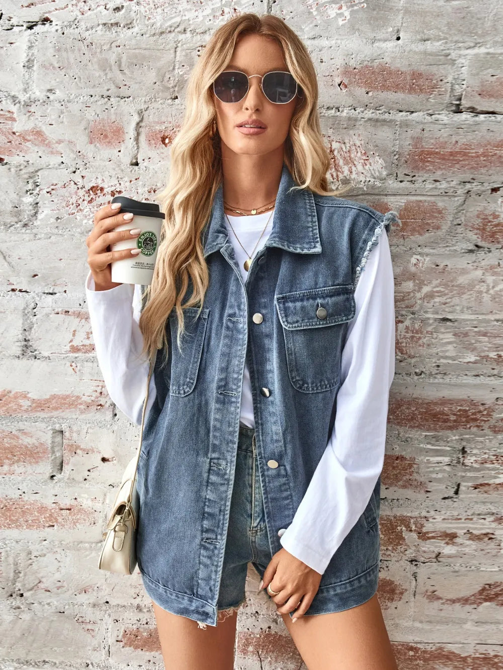 Raw Hem Sleeveless Button Up Denim Jacket - Korvel