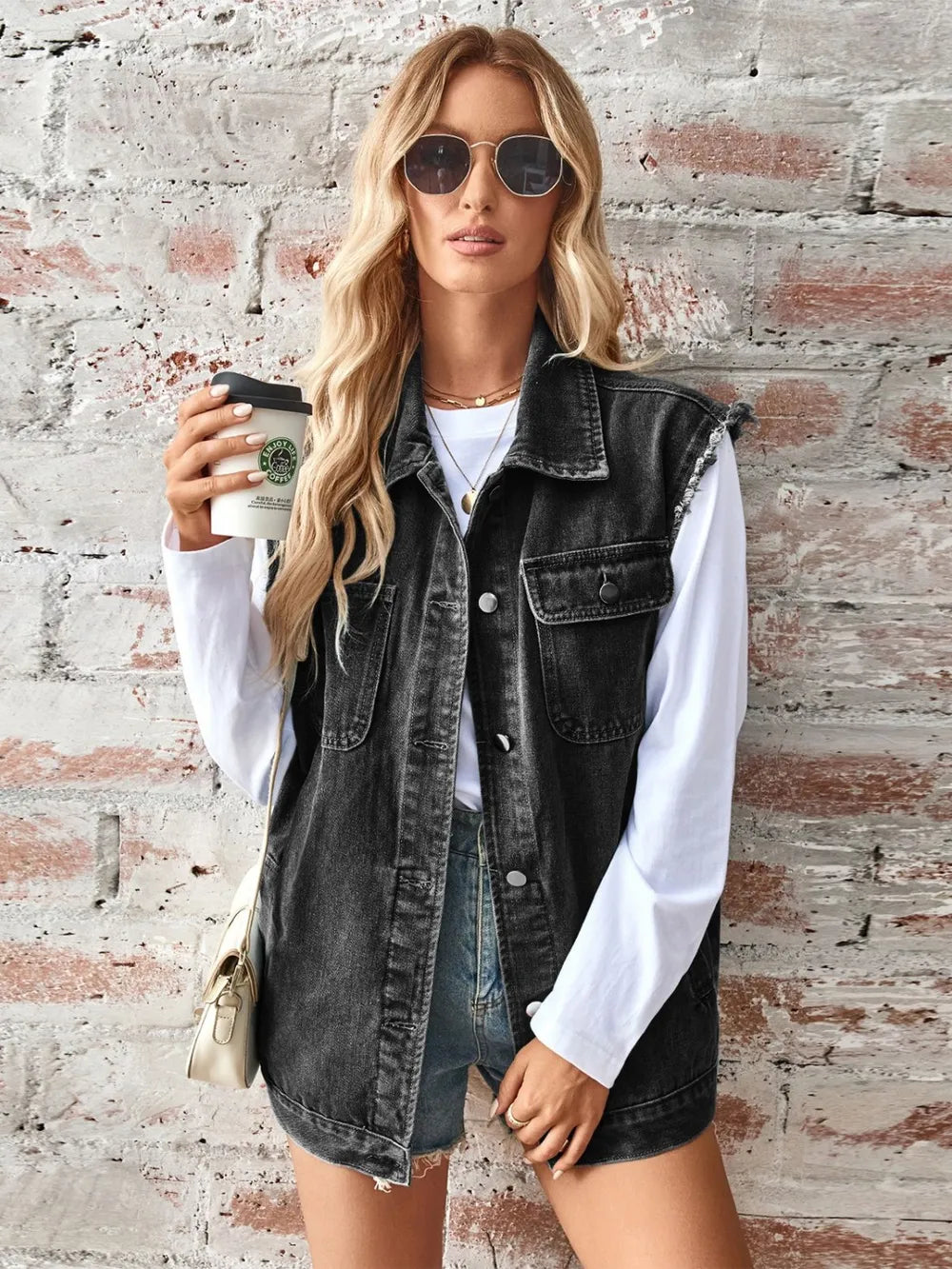 Raw Hem Sleeveless Button Up Denim Jacket - Korvel