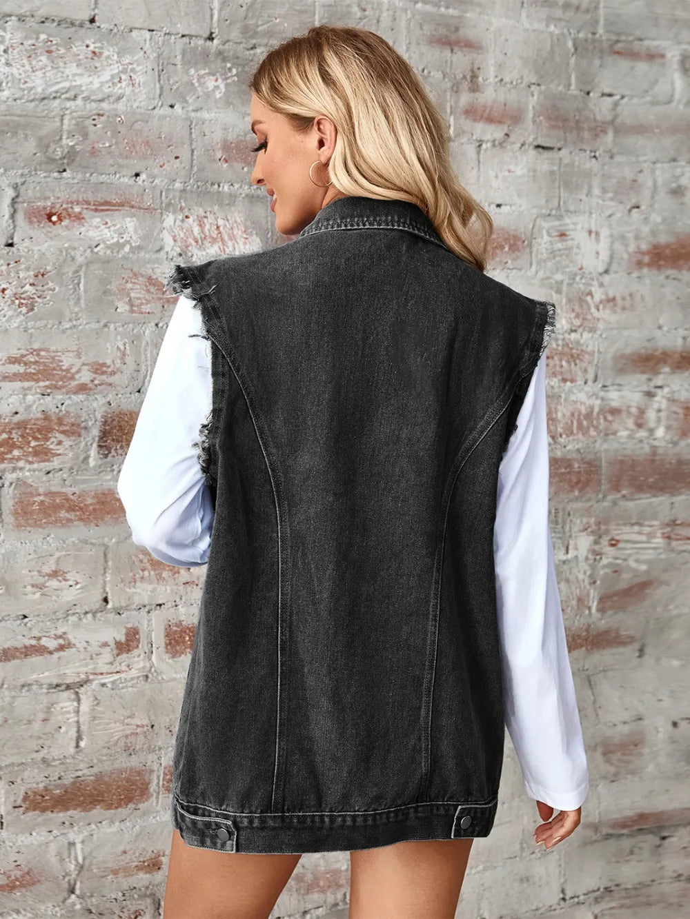 Raw Hem Sleeveless Button Up Denim Jacket - Korvel
