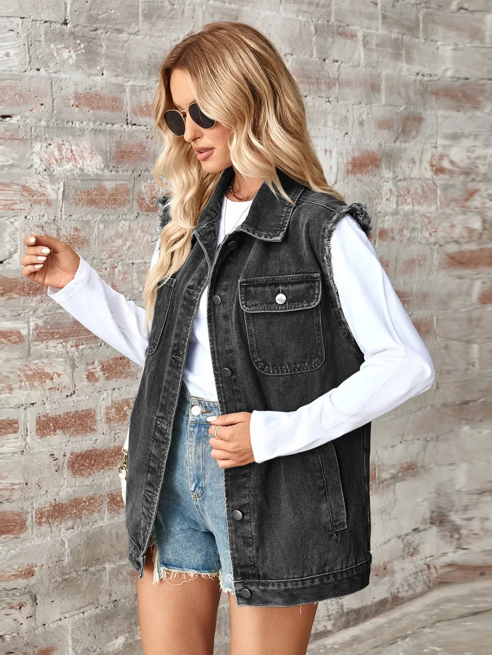 Raw Hem Sleeveless Button Up Denim Jacket - Korvel