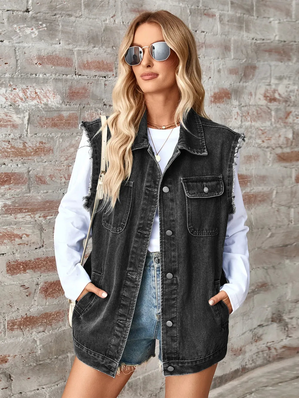 Raw Hem Sleeveless Button Up Denim Jacket - Korvel