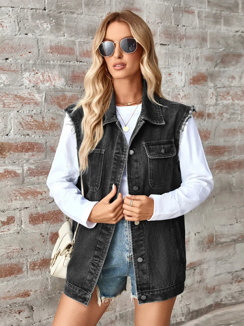Raw Hem Sleeveless Button Up Denim Jacket - Korvel