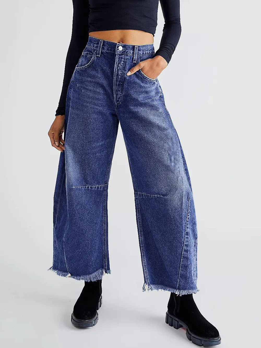 Raw Hem Wide Leg Jeans with Pockets - Korvel