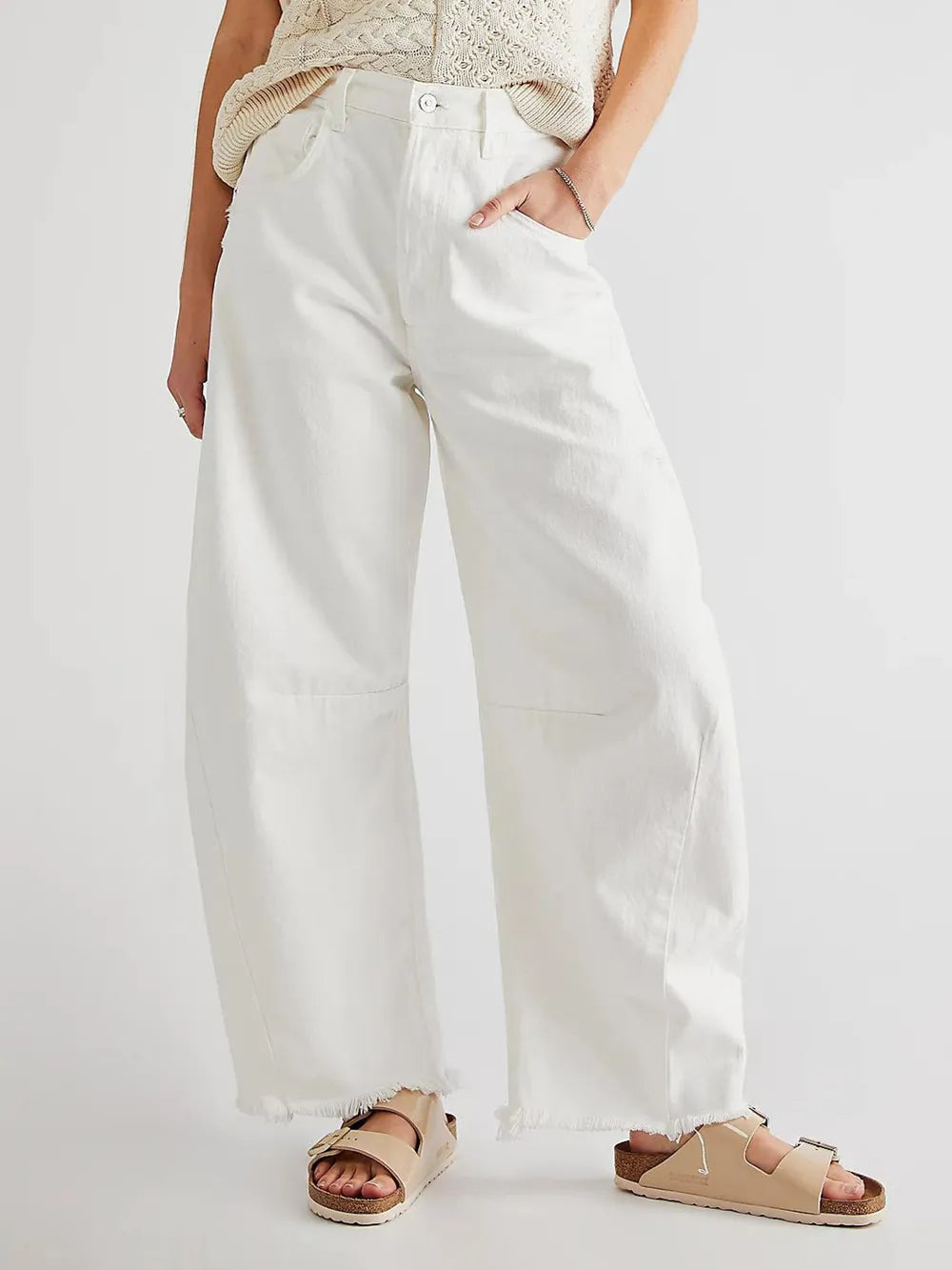 Raw Hem Wide Leg Jeans with Pockets - Korvel
