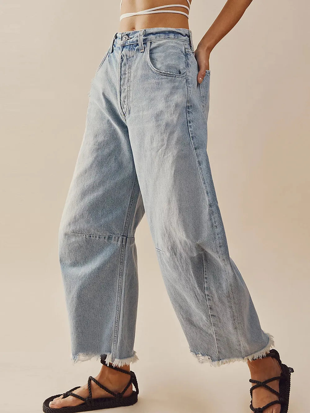 Raw Hem Wide Leg Jeans with Pockets - Korvel