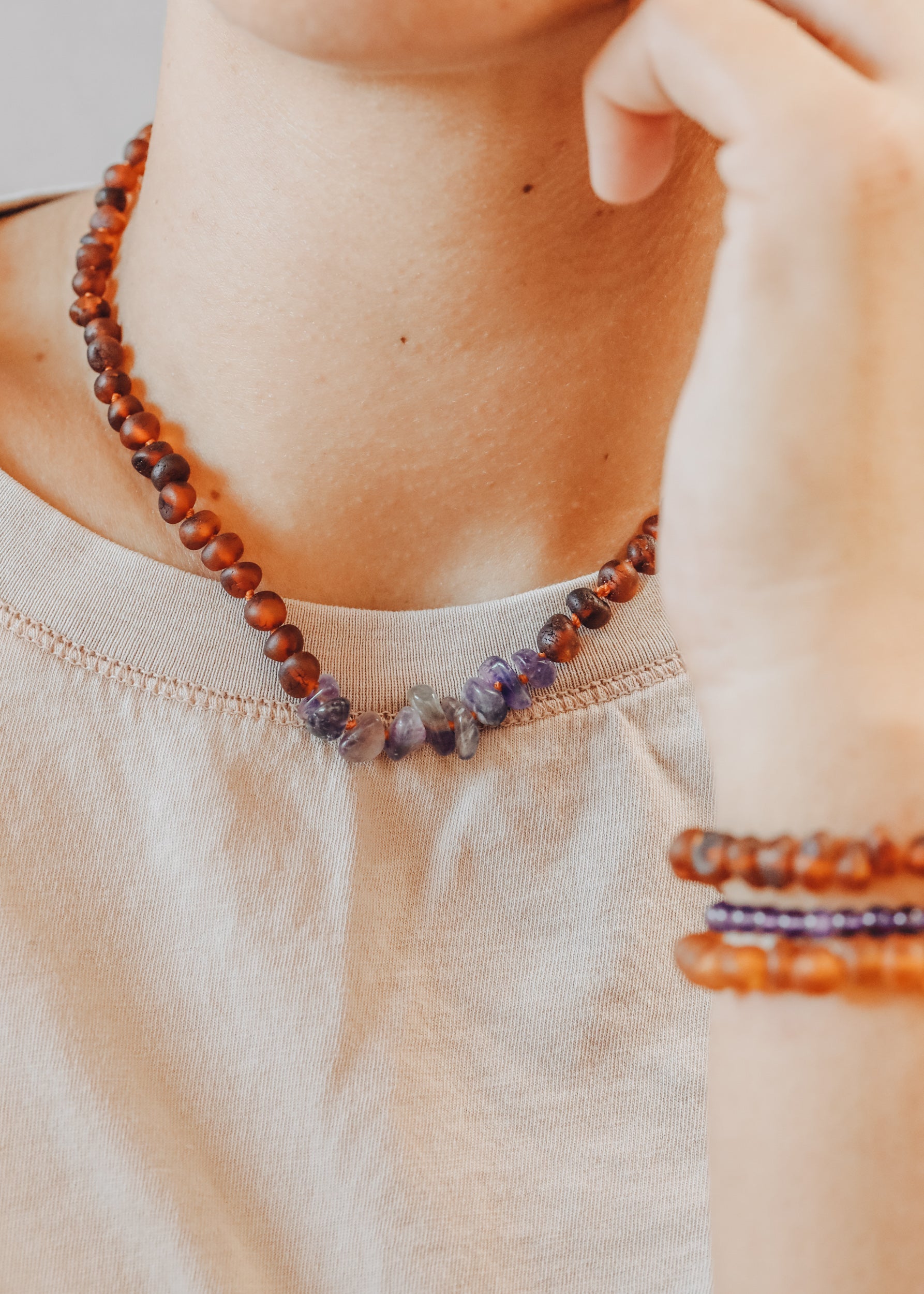 Raw Cognac Baltic Amber + Raw Amethyst || Necklace - Korvel