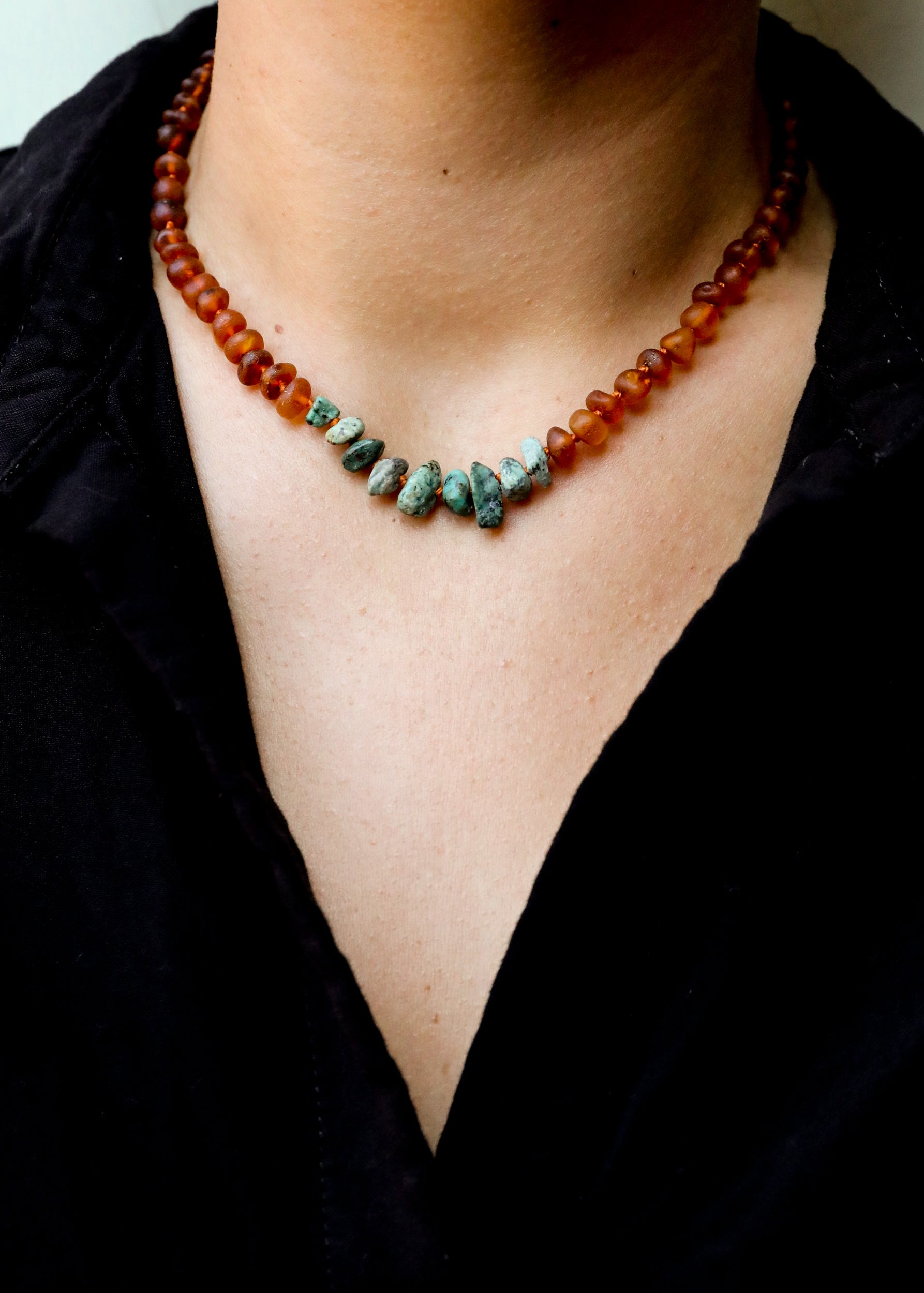 Raw Cognac Baltic Amber + Raw Turquoise Jasper || Necklace - Korvel