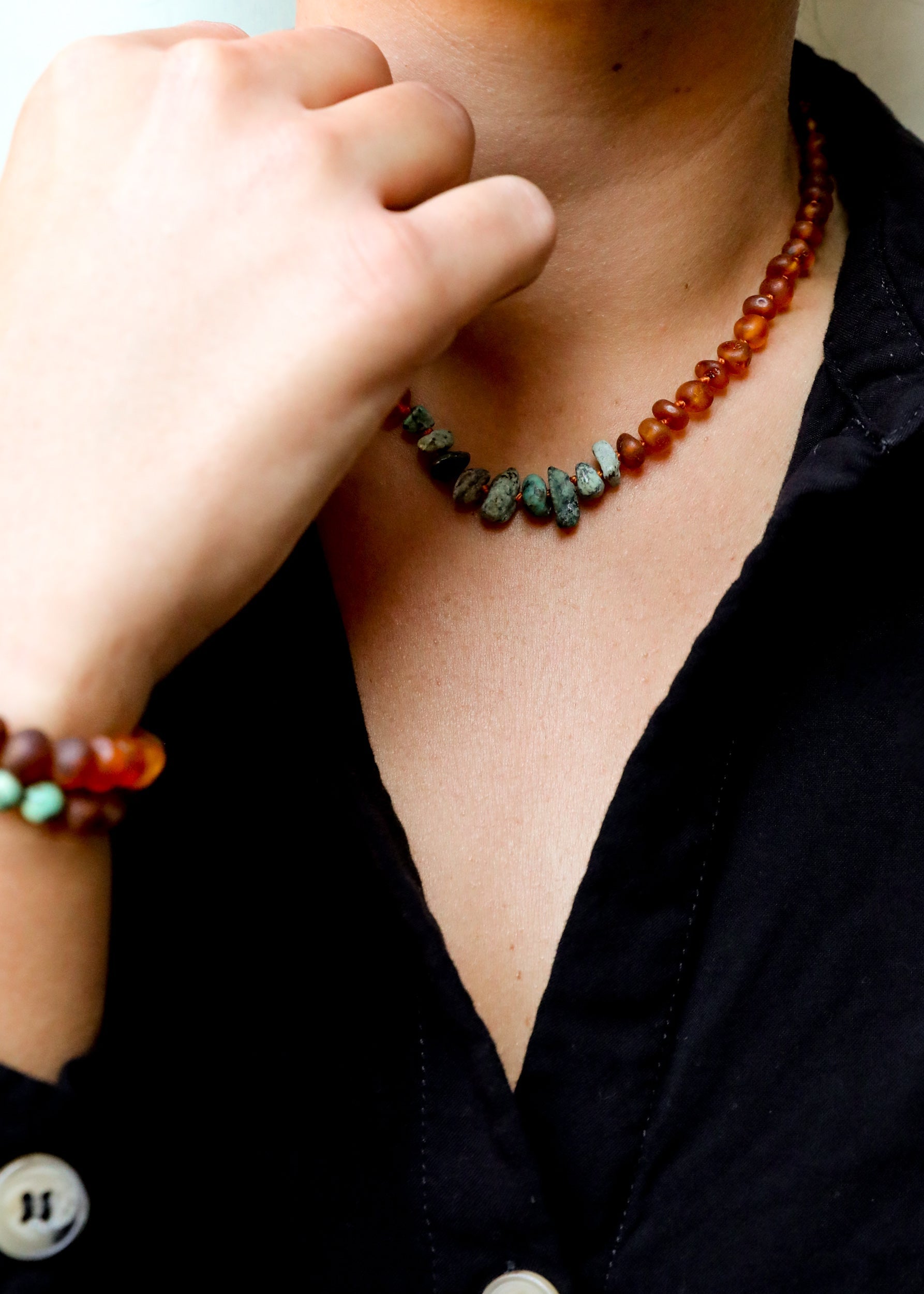 Raw Cognac Baltic Amber + Raw Turquoise Jasper || Necklace - Korvel