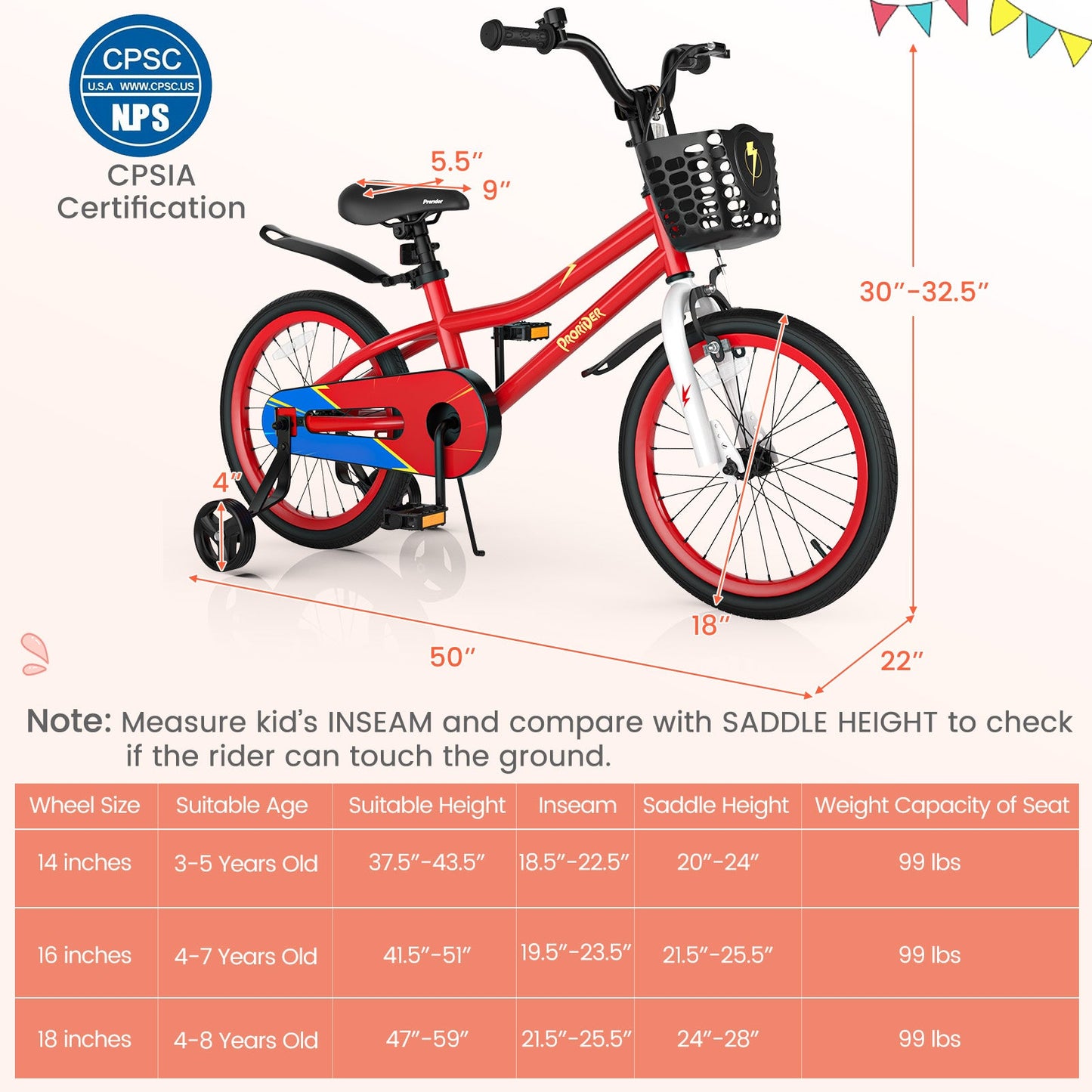 Bicicleta para Niños de 18 Pies con Ruedas de Entrenamiento Removibles - Rojo