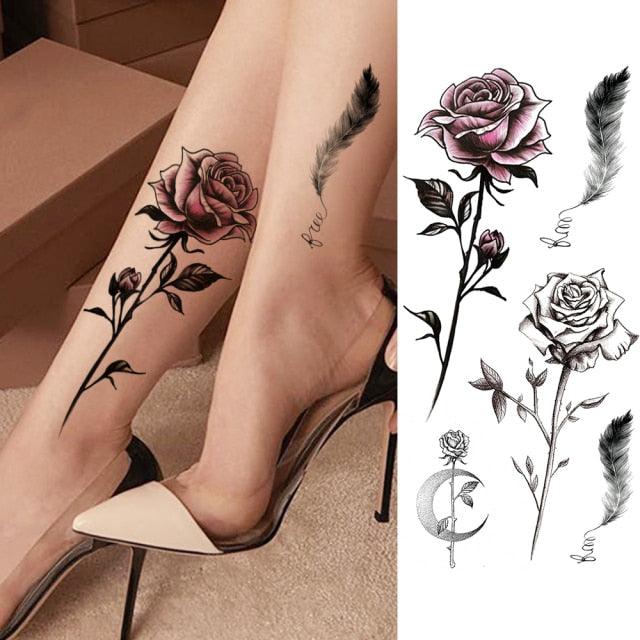Tatouages Temporaires Fleurs Noires Réalistes pour Femmes