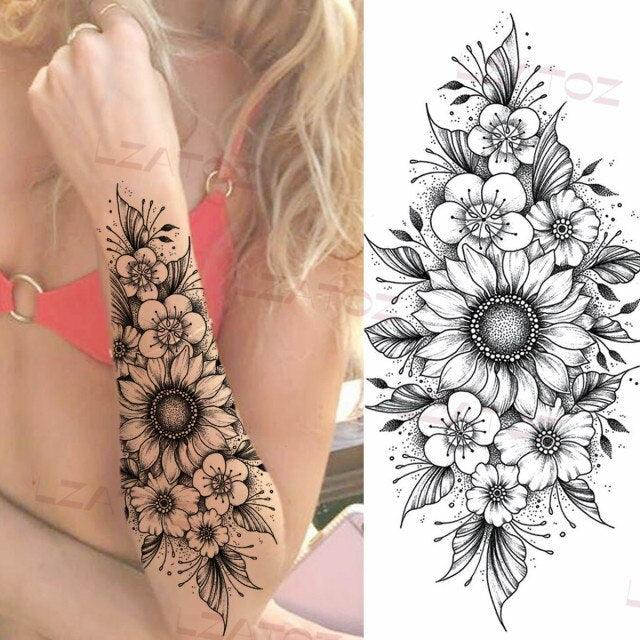 Tatouages Temporaires Fleurs Noires Réalistes pour Femmes