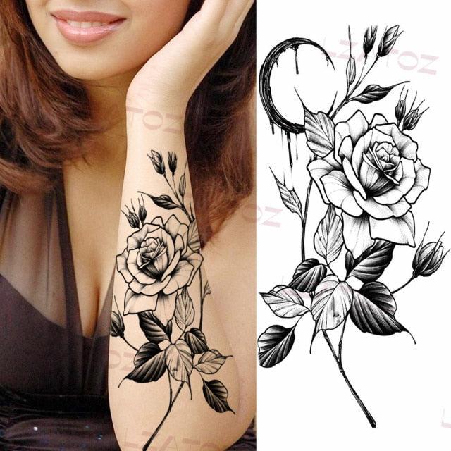 Tatouages Temporaires Fleurs Noires Réalistes pour Femmes