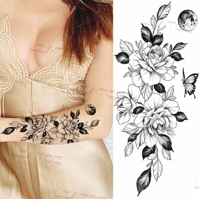 Tatouages Temporaires Fleurs Noires Réalistes pour Femmes