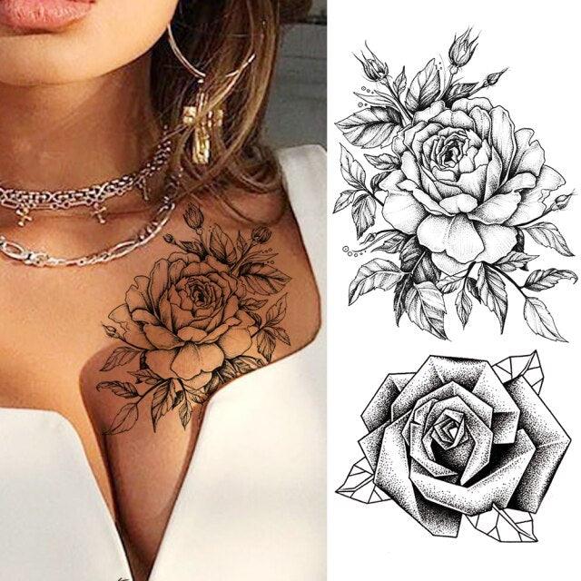 Tatouages Temporaires Fleurs Noires Réalistes pour Femmes