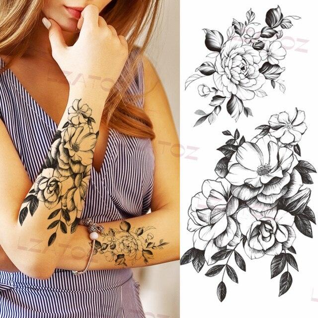 Tatouages Temporaires Fleurs Noires Réalistes pour Femmes