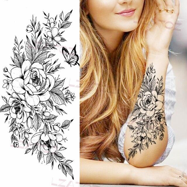 Tatouages Temporaires Fleurs Noires Réalistes pour Femmes