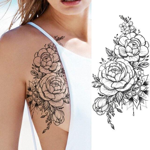 Tatouages Temporaires Fleurs Noires Réalistes pour Femmes