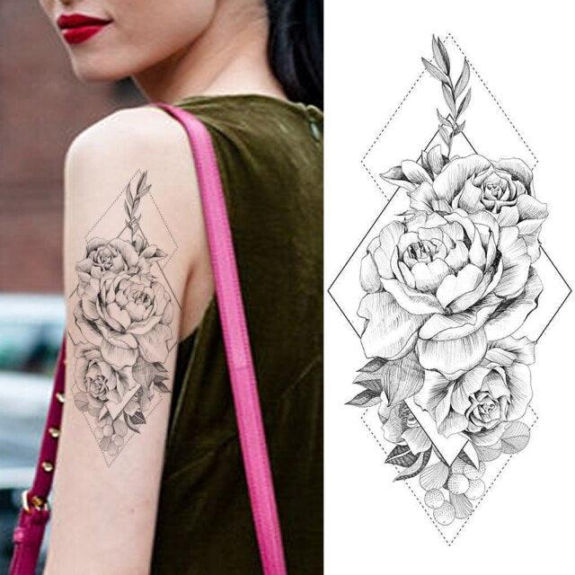 Tatouages Temporaires Fleurs Noires Réalistes pour Femmes