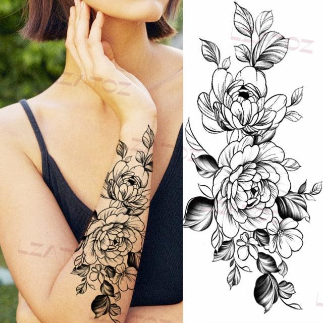 Tatouages Temporaires Fleurs Noires Réalistes pour Femmes