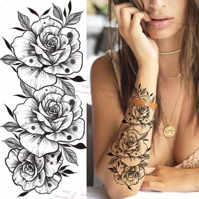 Tatouages Temporaires Fleurs Noires Réalistes pour Femmes