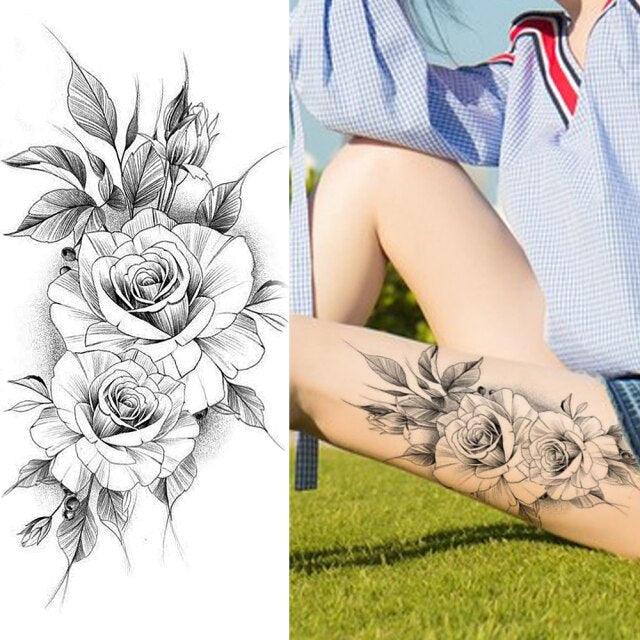 Tatouages Temporaires Fleurs Noires Réalistes pour Femmes
