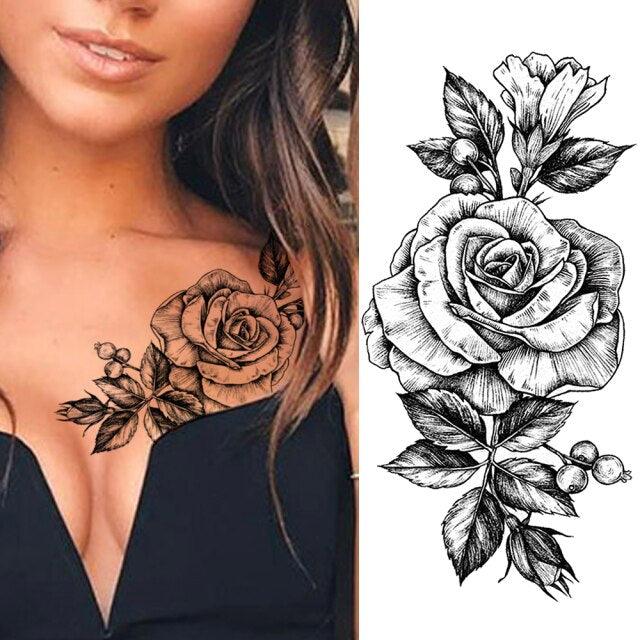 Tatouages Temporaires Fleurs Noires Réalistes pour Femmes