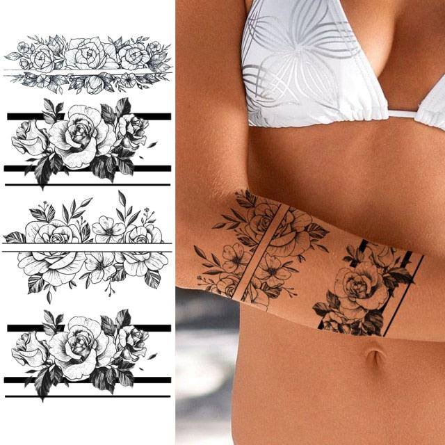 Tatouages Temporaires Fleurs Noires Réalistes pour Femmes
