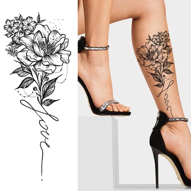 Tatouages Temporaires Fleurs Noires Réalistes pour Femmes