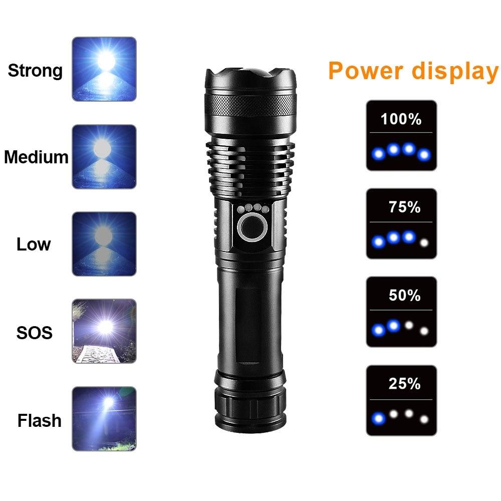 Linterna táctica recargable de alto lumen - Impermeable y con zoom