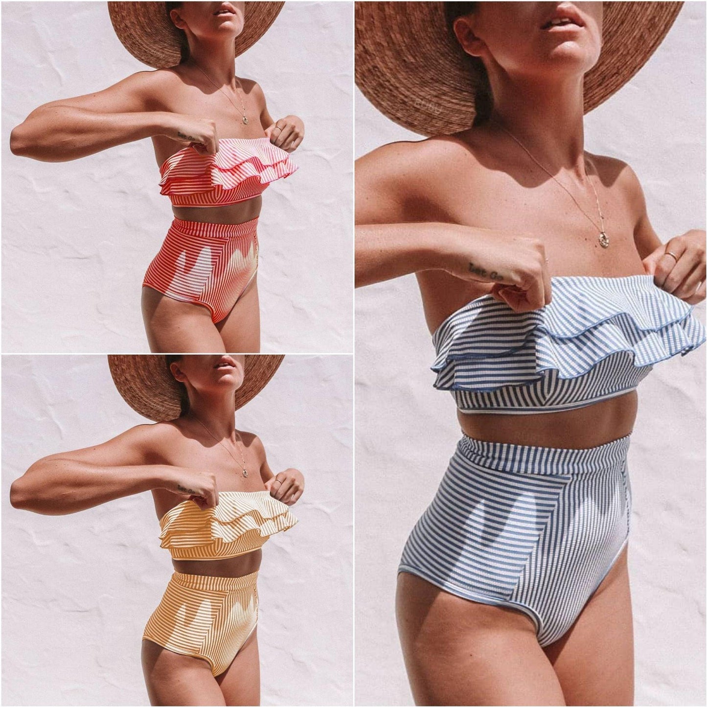 Conjunto de Bikini de Cintura Alta a Rayas Blancas y Azules Retro