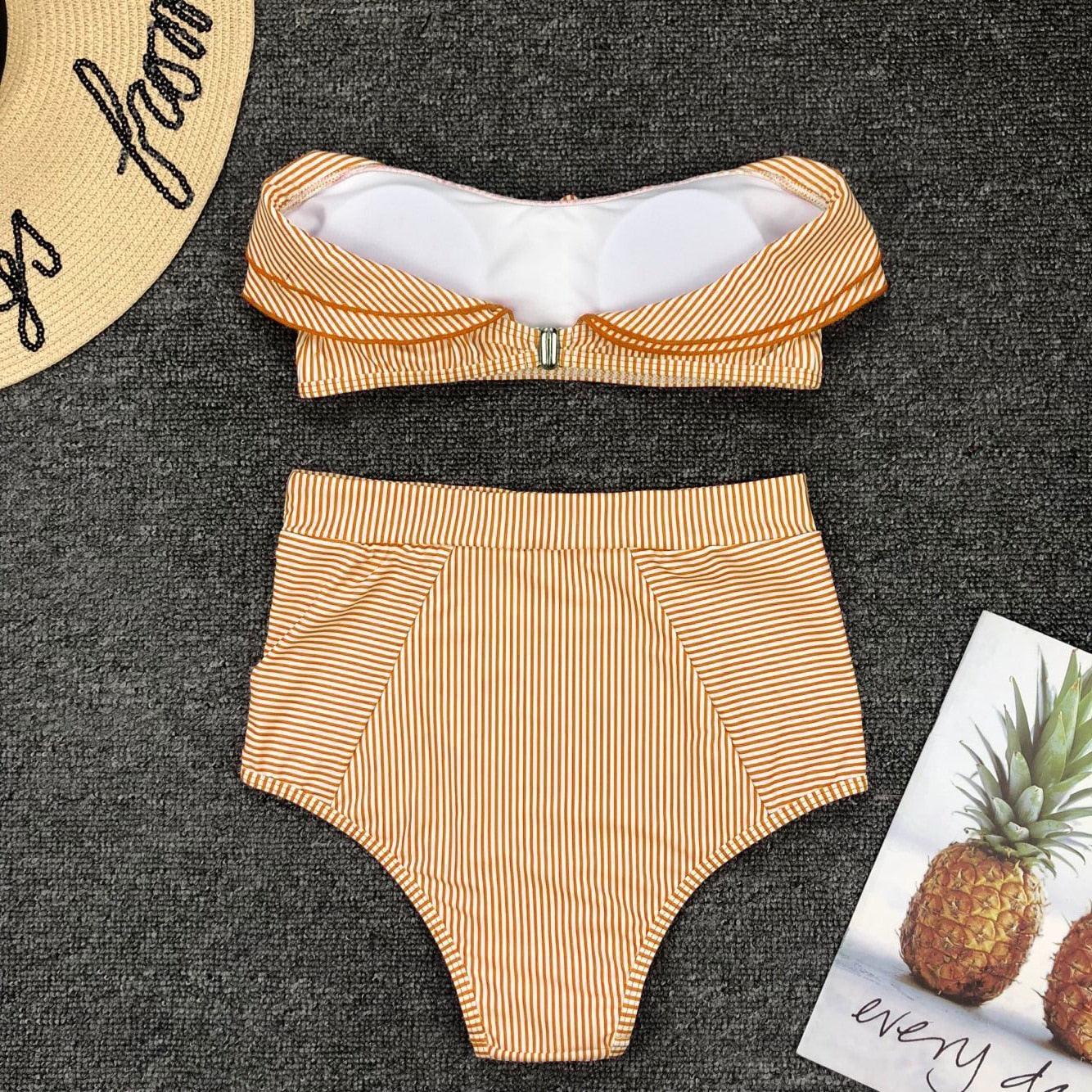Conjunto de Bikini de Cintura Alta a Rayas Blancas y Azules Retro